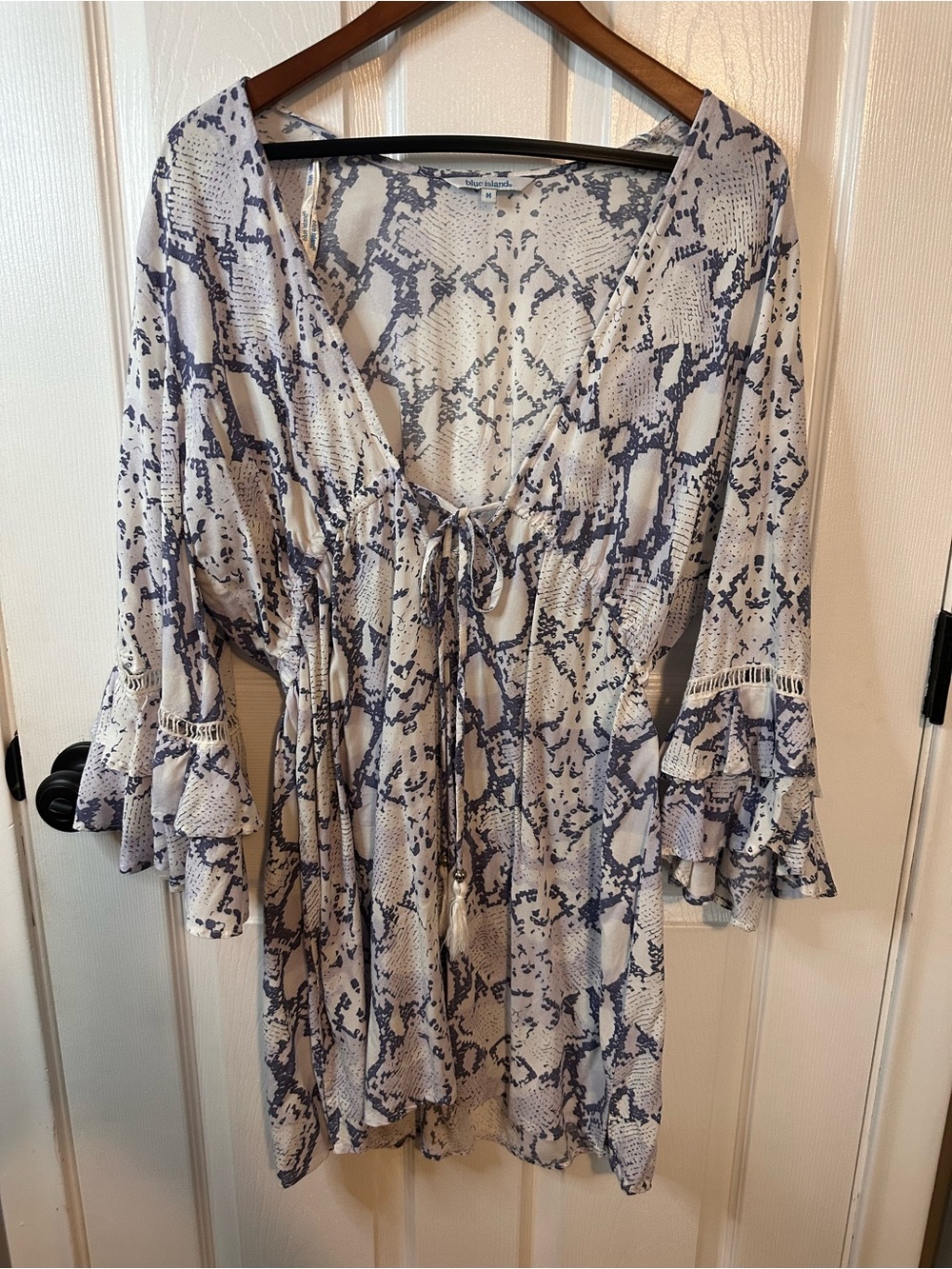 blue island Cream and Blue Snake-Print V-Neck Tunic